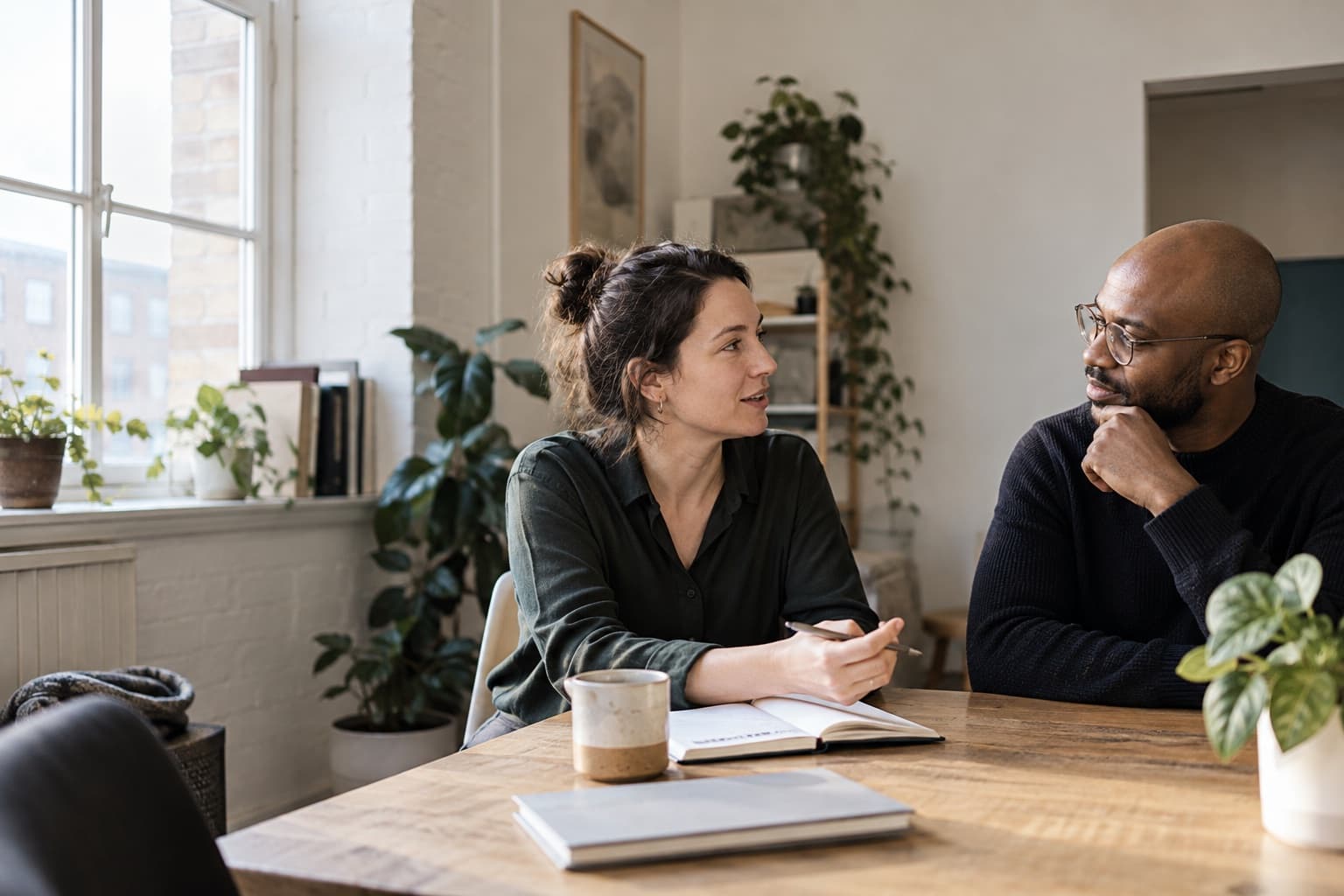 Two colleagues listening and sharing thoughts over a notebook